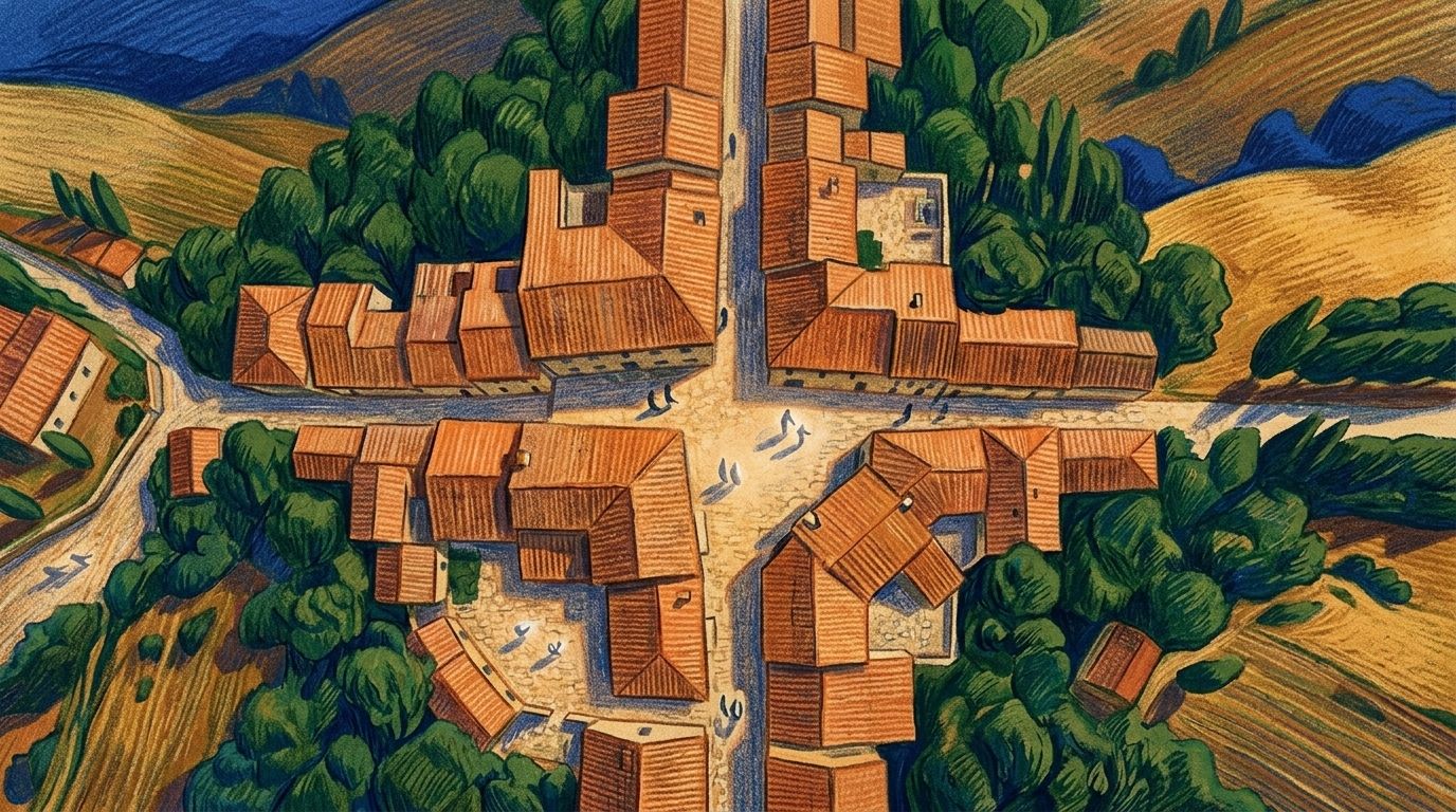 Veduta dall'alto di un borgo CasaFìlos con la corte centrale